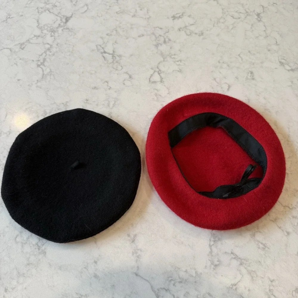 Vintage French Basque De Luxe Beret Black 100% Wool + Red Wool Beret